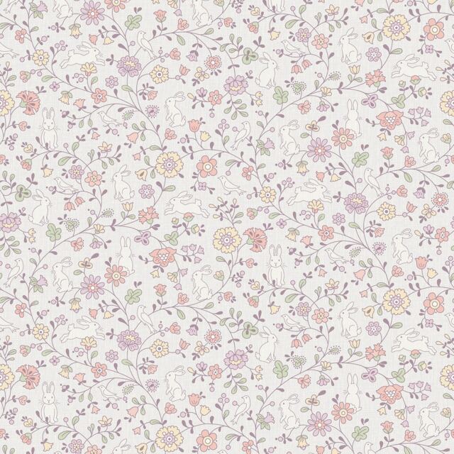 Grandeco Liberty Floral Bunny Trail Nursery Textured Wallpaper Lilac Purple Lilac 5.32