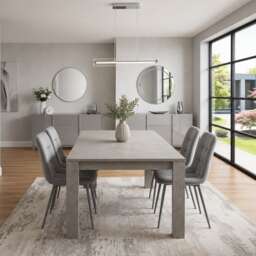 Dining Table with 4 Grey Velvet Chairs Stone Grey Effect Wood Table Set for Dining Room