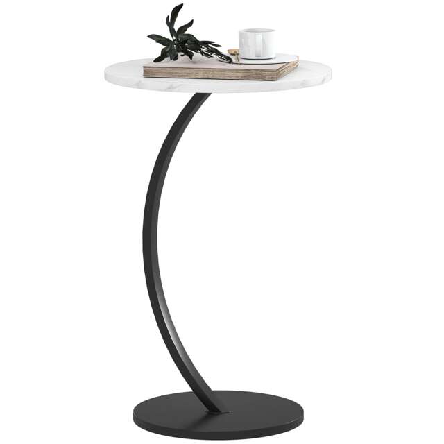 HOMCOM C Shaped Side Table, Round Bedside Table w/ Marble Effect Top, White White