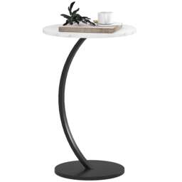 HOMCOM C Shaped Side Table, Round Bedside Table w/ Marble Effect Top, White White