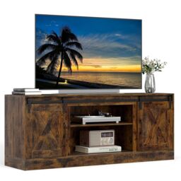 COSTWAY Entertainment Center Farmhouse TV Stand for 70 Inch TVs Brown