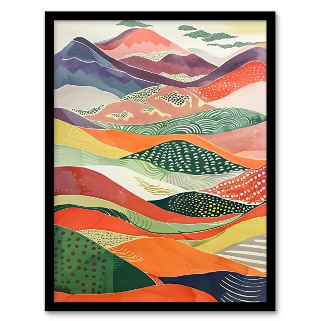 Colourful Countryside Hills Folk Art Home Decor Black Framed Wall Art Print A4