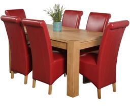 Kuba 150 x 85cm Chunky Medium Oak Dining Table and 6 Montana Leather Chairs Red Red
