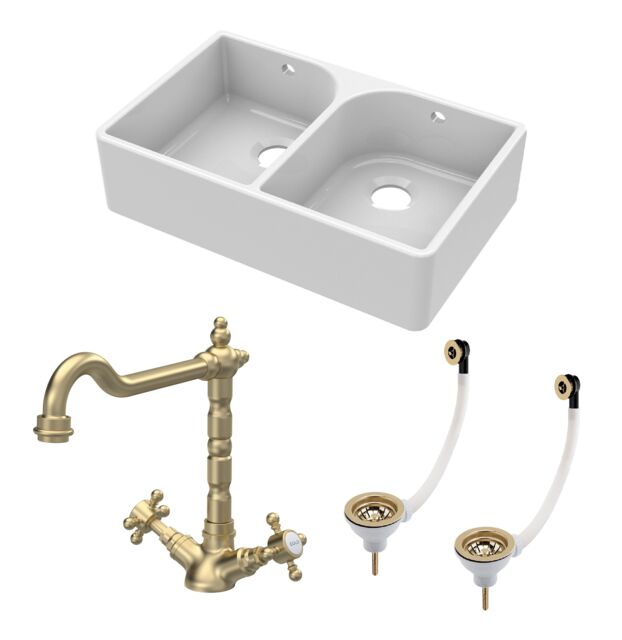 Balterley Fireclay Kitchen Bundle - 2 Bowl Full Weir Butler Sink with Wastes & French Classic Tap White White 3