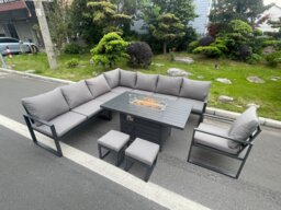 Fimous Aluminum Outdoor Garden Furniture Corner Sofa Chair Gas Fire Pit Dining Table Sets 2 Stools Gas Heater Burner Dark Grey 10 Seater