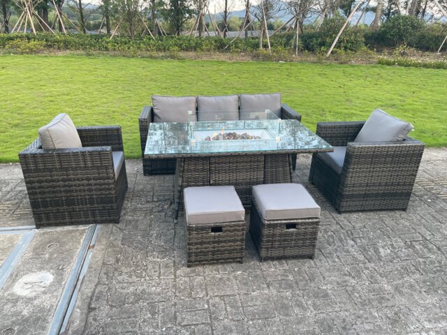 Fimous 7 Seater PE Wicker Rattan Garden Furniture Gas Fire Pit Table Gas Heater Sets Lounge Sofa Set With Chair Stools Clear Tempered Glass