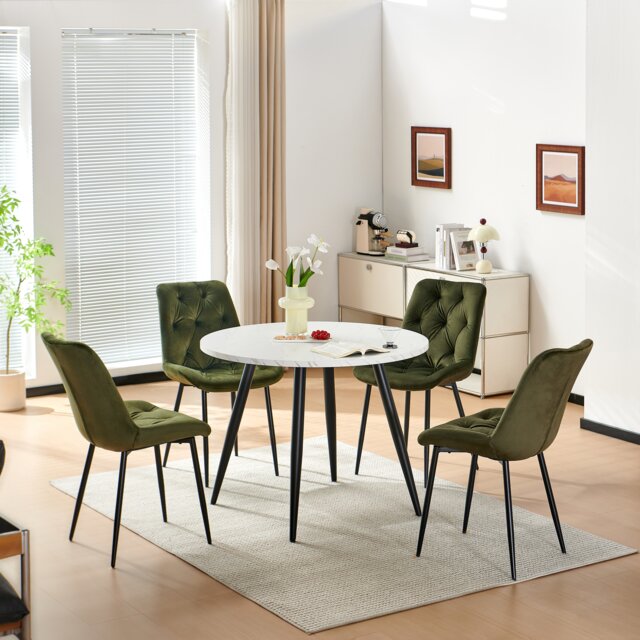 SONARA White Marble Round Dining Table and 4 Velvet Chairs Set Modern 4 Seater for Dining Room
