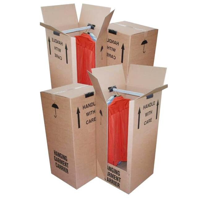 3 Tall Wardrobe Boxes Removal Garment Carriers Strong Double Wall Cardboard For Moving Clothes & Garments Brown