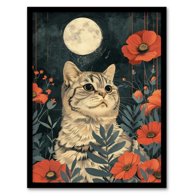 Kitten Poppies By Moon Cat Lover Animal Black Framed Wall Art Print A4