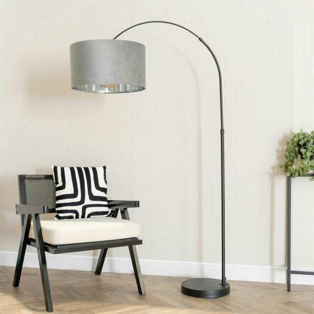ValueLights Louis Black Arched Floor Lamp Grey Velvet and Metallic Chrome Shade