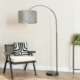 ValueLights Louis Black Arched Floor Lamp Grey Velvet and Metallic Chrome Shade