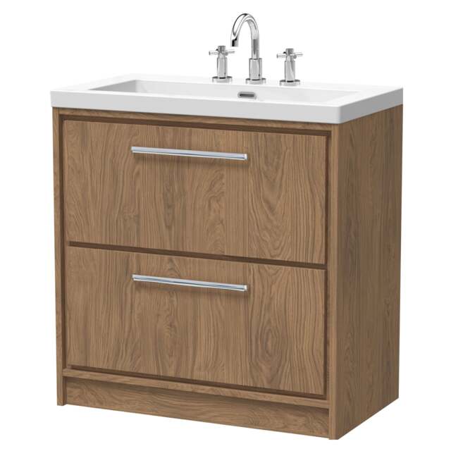 Balterley Longnor 2 Drawer Floor Standing Vanity Unit with 3 Tap Hole Modern Fireclay Basin, Antique Oak, 800mm