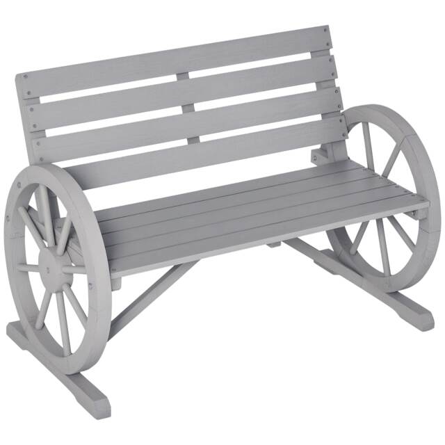Outsunny 2 Seater Garden Bench w/ Wooden Cart Wagon Wheel Grey Grey