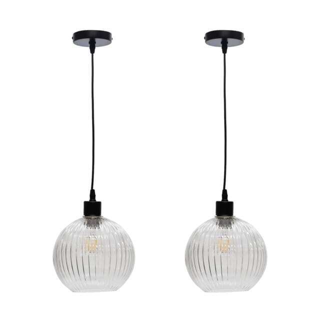 Set of 2 Betchley - Clear Ribbed Glass Globe with Black Pendants Clear Clear ribbed glass with matt black detail Small 2