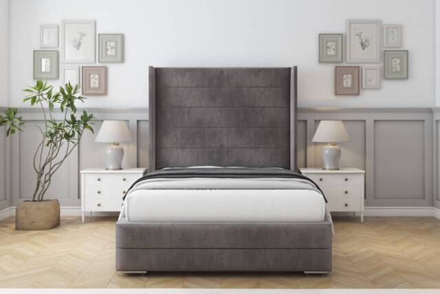 "Sloomy Sterling Slate Naples Bed Frame With Mattress With 50"" Upholstered Wingback Headboard 2'6 Small Single"