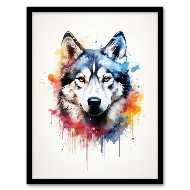 Husky Lovers Gift Watercolour Pet Portrait Black Framed Wall Art Print A4