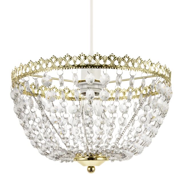 Circular Crown Pendant Shade in Polished Gold with Clear Acrylic Beads