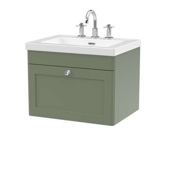 Balterley Swynnerton Traditional 1 Drawer Wall Hung Vanity Unit with Fireclay Basin, Satin Green, 600mm