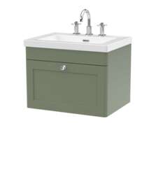 Balterley Swynnerton Traditional 1 Drawer Wall Hung Vanity Unit with Fireclay Basin, Satin Green, 600mm