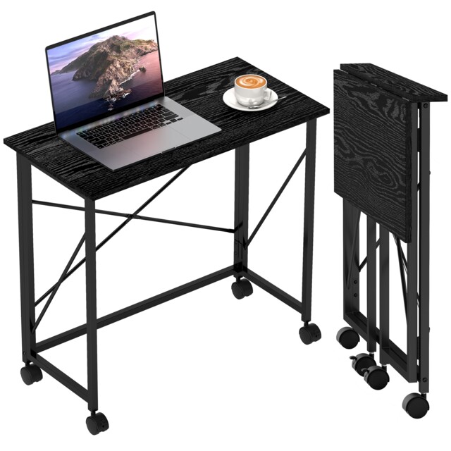 HOMCOM Folding Desk on Wheels, Writing Table for Home Office, Black Black