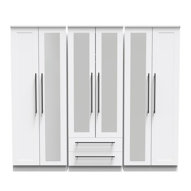 Howard Tall 6 Door 2 Drawer Twin Mirror Wardrobe in White Ash (Ready Assembled) White White Ash