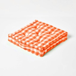 Homescapes Orange Block Check Cotton Gingham Floor Cushion - 40 x 40 cm Orange 40 x 40 cm