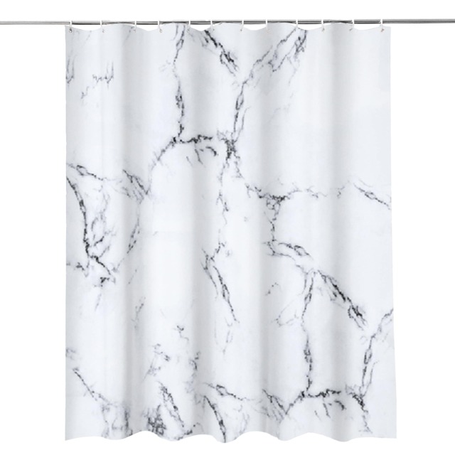 Grey & White Marble Polyester Shower Curtain with 12 Hooks - 180x180cm