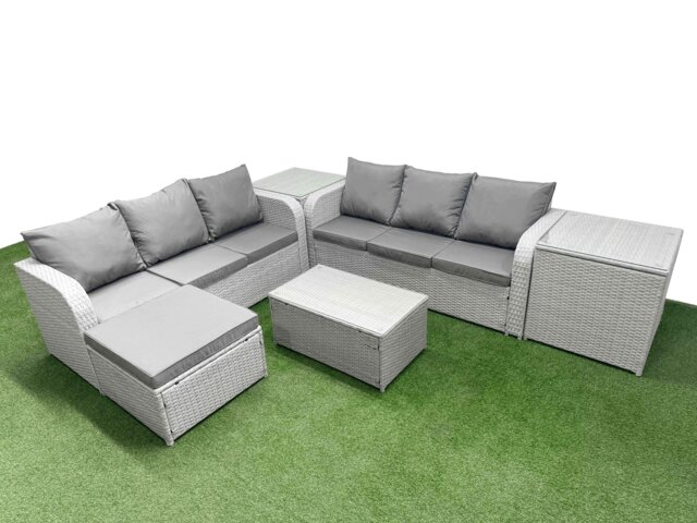 Fimous Outdoor Garden Furniture Sets 7 Seater Wicker Rattan Furniture Sofa Sets with Rectangular Coffee Table high Back Lounge Sofa Big Footstool 2 Side Table Light Grey