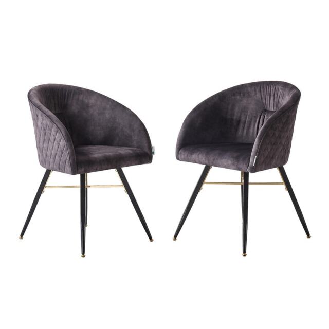 Set of 2 Vittorio Velvet Dining Chairs with Black Metal Legs, Quilted Design Modern Accent Chair Black