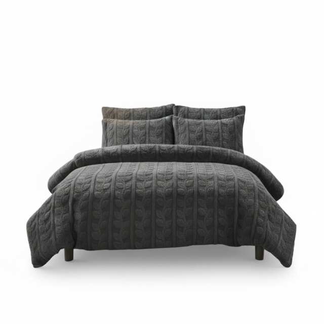 Ultra Soft Teddy Duvet Cover Set Leaves Embossed Cozy Fleece Bedding Grey Single