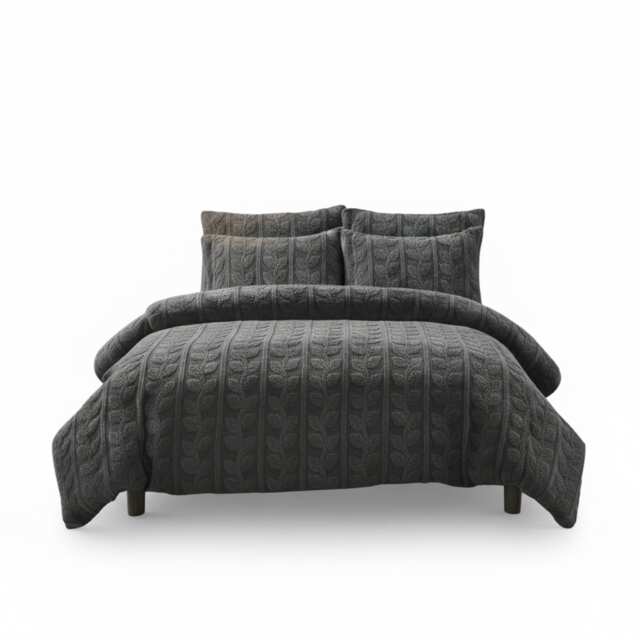 Ultra Soft Teddy Duvet Cover Set Leaves Embossed Cozy Fleece Bedding Grey Single