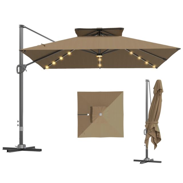 Outsunny 3.5x3 m Garden Cantilever Parasol with Solar LED Lights and Centre Light, UPF50 Aluminium Patio Umbrella, Hanging Sun Shade with Cross Base, Crank Handle Brown Khaki
