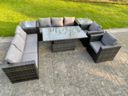 Fimous 8 Seater Outdoor Rattan Garden Furniture Adjustable Rising Lifting Table Armchairs Dark Grey Mixed