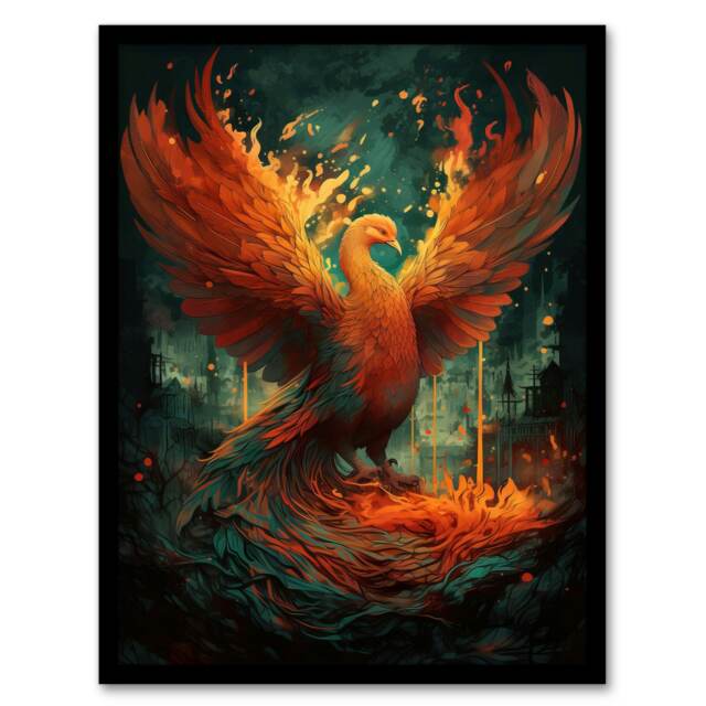 Majestic Phoenix Bird Concept Orange Red Black Framed Wall Art Print A4
