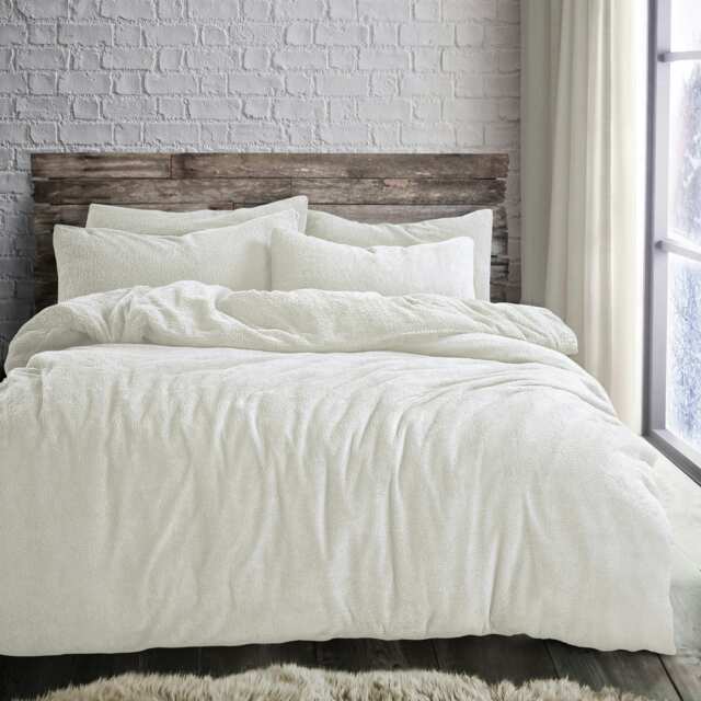 Velosso Plain Teddy Fluffy and Warm Fleece Duvet Cover Set Cream Cream Double