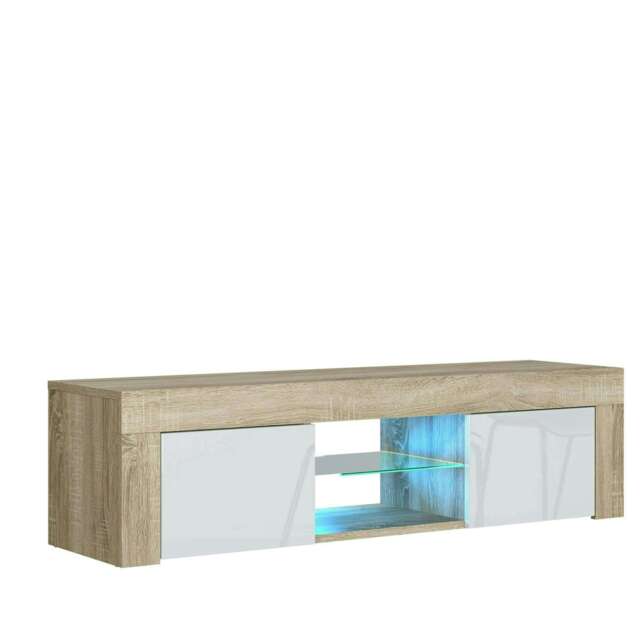 TV Unit 130cm White Gloss Doors Oak Matt Body Modern Cabinet Multi Oak One Size 1