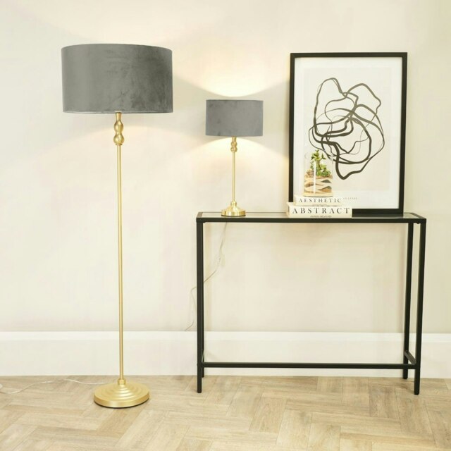 ValueLights Maggie Gold Candlestick Floor Lamp Grey Velvet Shade and Bulb