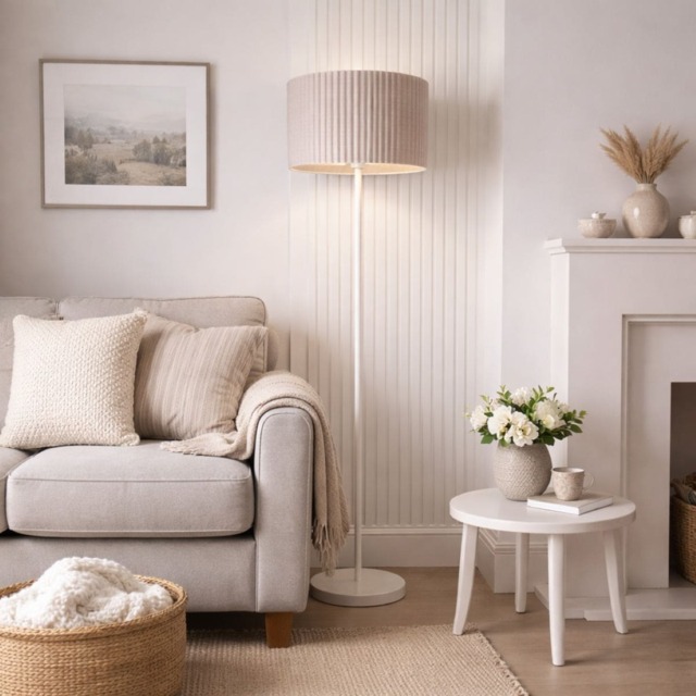 CGC Lena Cream Off White Straight Floor Lamp with Large Allegra Scalloped Lampshade