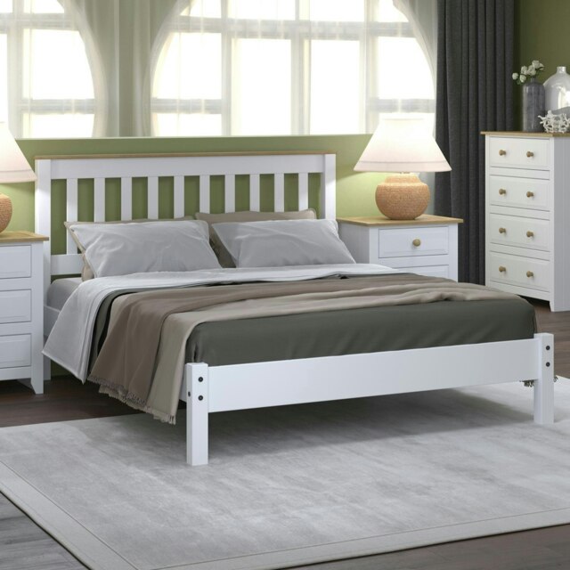 "Capri White 4'6"" Double Slatted Low-End Bedstead H100 x W147.6 x D201.5cm - Antique Pine and Arctic White Bedroom Furniture"