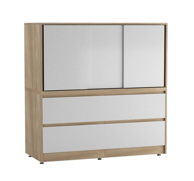 120cm 3 Sliding Door 4 Drawer Bedside Cabinet Storage End Unit Bedroom Furniture Multi Oak with White Doors 1