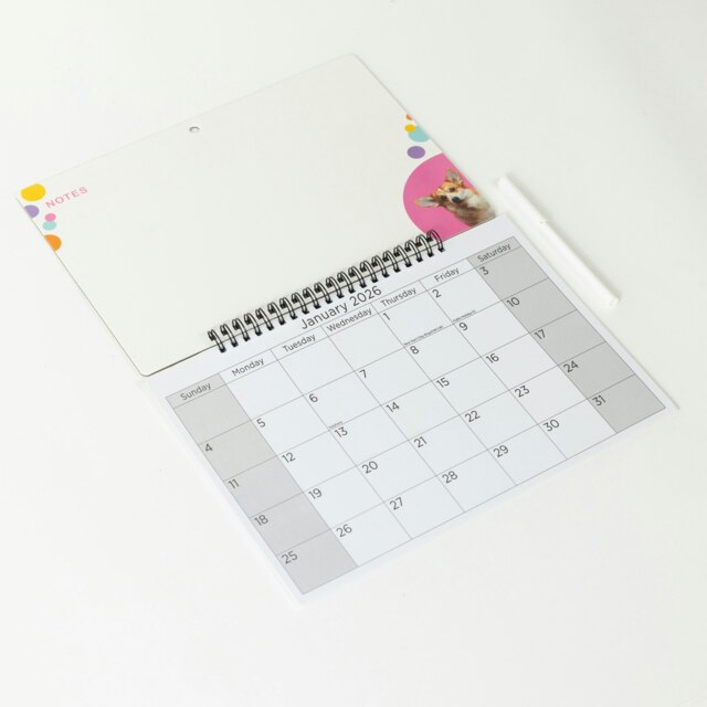 2026 Monthly Memo Board Calendar & Pen Puppy Design