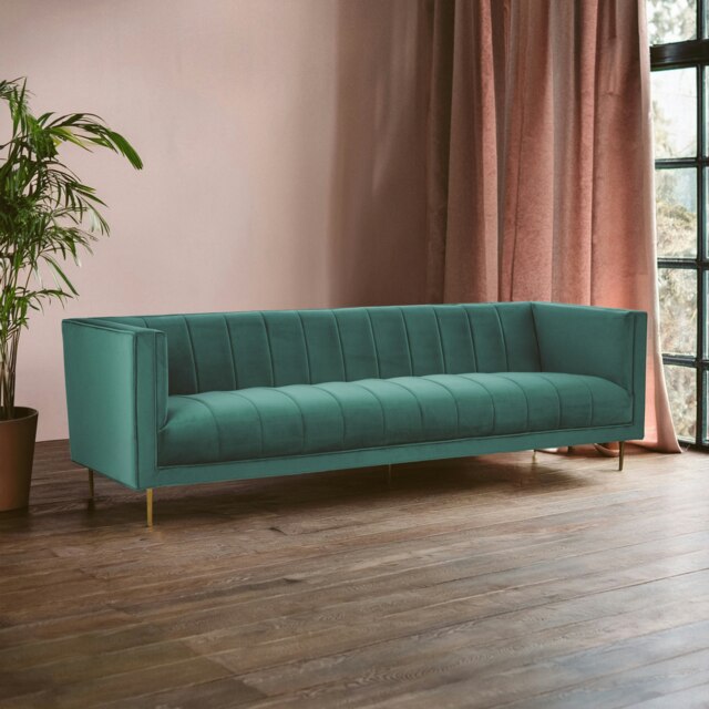 Orsina 3 Seater Green Sofa For Living Room, Green Velvet Upholstered Settee Sofa, Classic Sofa Couch For Patio