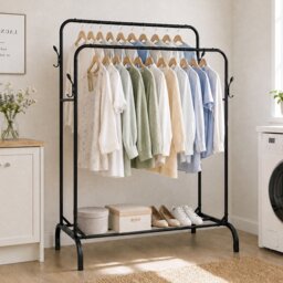 Levede Clothes Rail Heavy Duty 2 Rods Carbon Steel Rack with Shelf Bedroom Black
