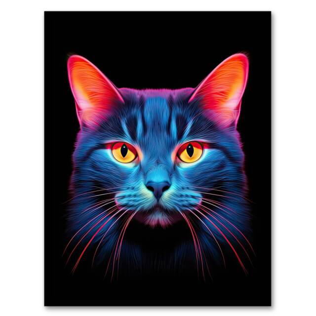 Luminescent Cat Orange Purple High Contrast Black Framed Wall Art Print A4