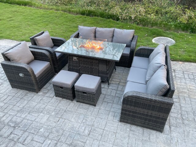 Fimous Outdoor Rattan Garden Furniture High Back Sofa Set Fire Pit Dining Table Gas Heater 2 Recling Chairs 3 Seater Lounge Sofa Footstools 10 Seater