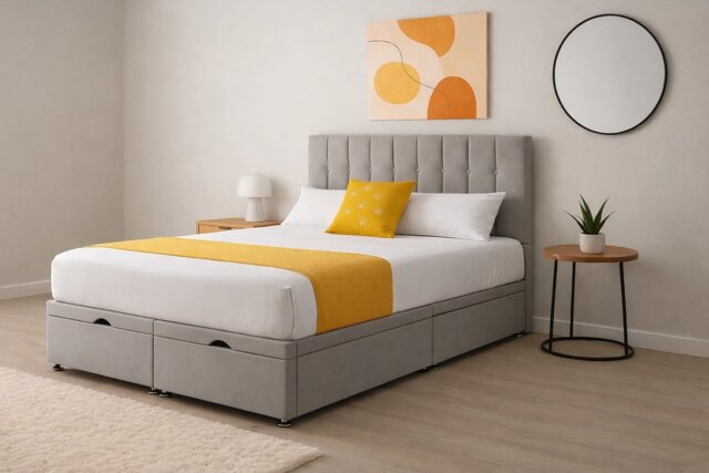 Divan Silver Plush Ottoman Lift Up Storage Bed Set 5ft Kingsize With Headboard and Mattress