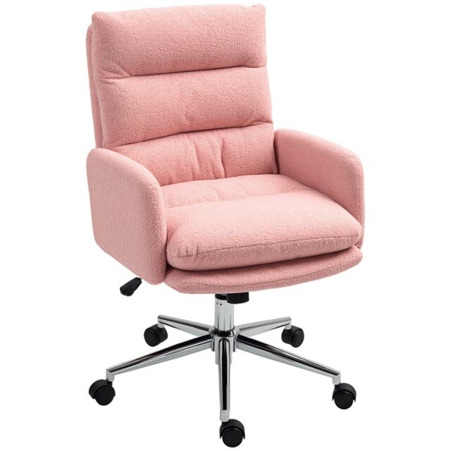 HOMCOM Home Office Chair, Upholstered Sherpa Fleece Desk Chair with Height Adjustable, Tilt Function and 360 Swivel Wheels for Home Office and Study Room, Pink