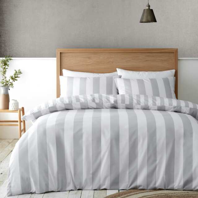 Catherine Lansfield Cove Stripe Reversible Double Duvet Cover Set Silver Grey