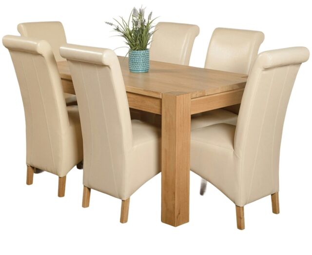 Kuba 150 x 85cm Chunky Medium Oak Dining Table and 6 Montana Leather Chairs Cream Cream