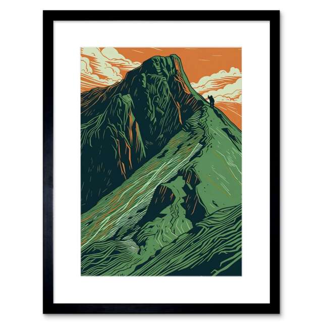 "Hiking Striding Mountain Edge Orange Green 9x7"" Black Framed Wall Art Print"